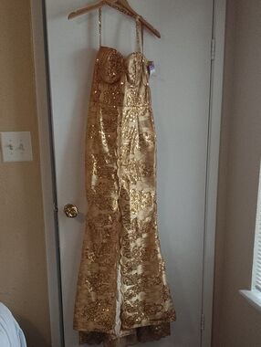Gold Sequin Strapless Brocade Gown with Spaghetti Straps